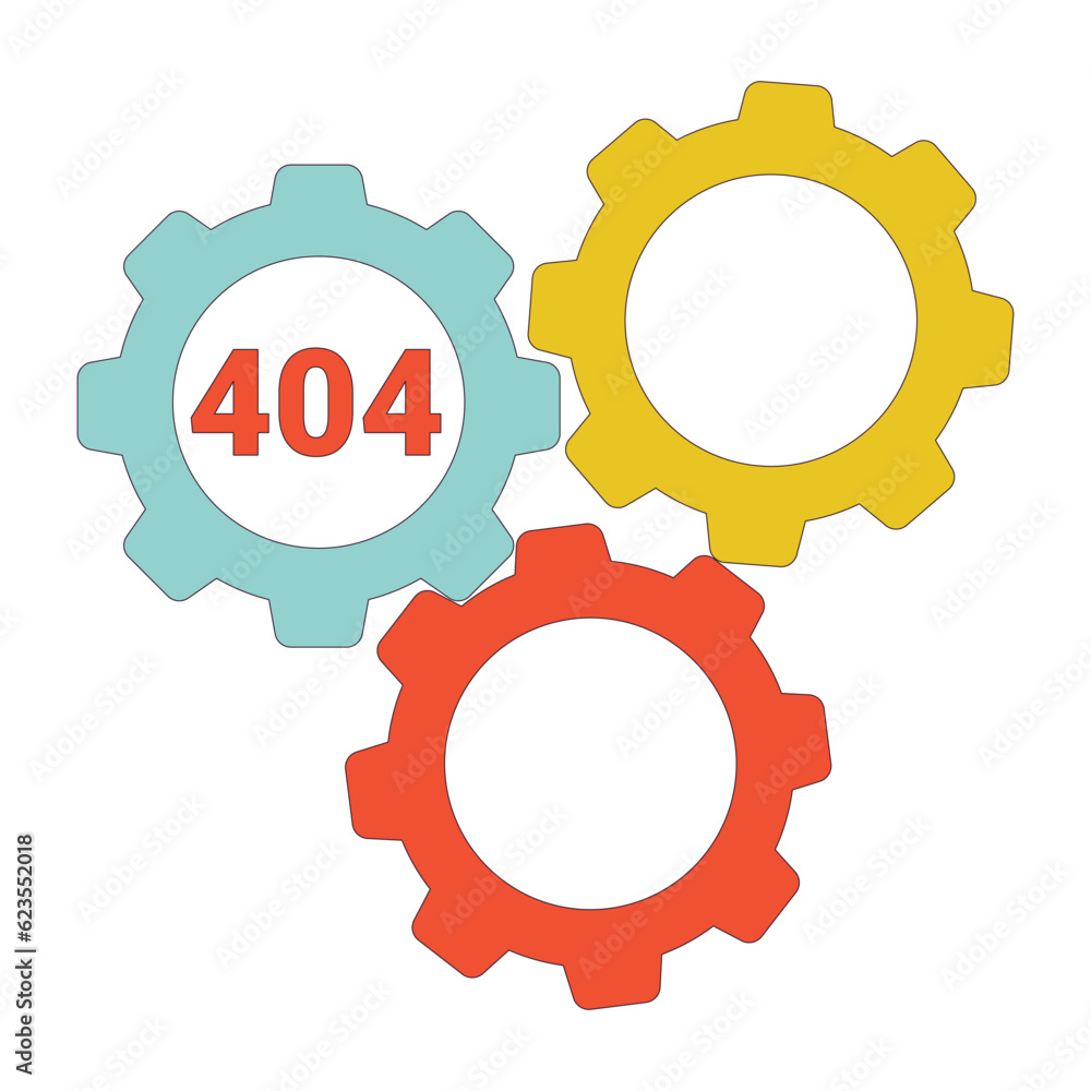 Poster gears cogwheels error 404 flash message. failure malfunction. configurations. empty state ui design.