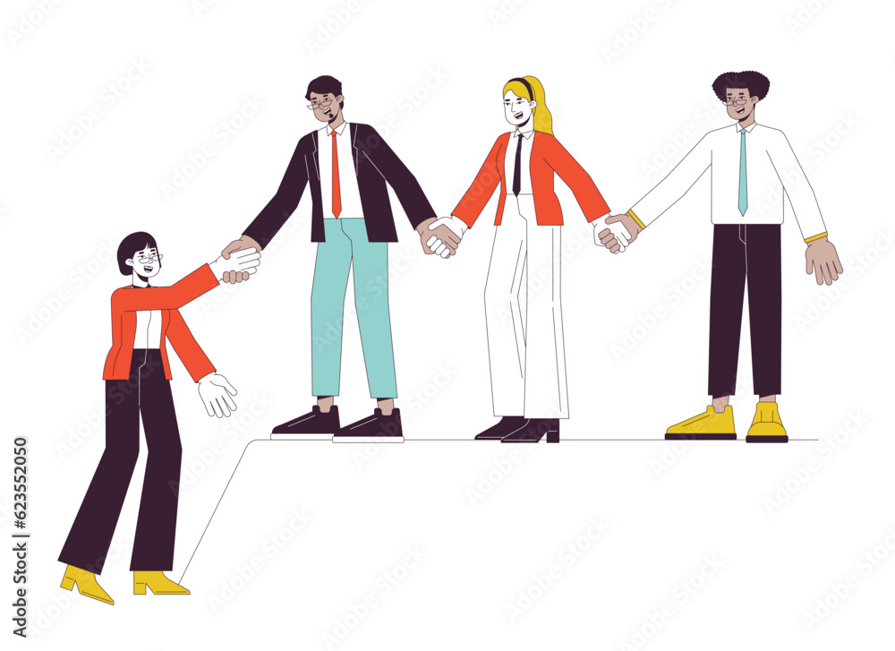 Poster supportive business team flat line concept vector spot illustration. colleagues 2d cartoon outline c