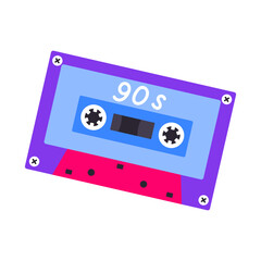 Classic 80s 90s audio cassette in modern style flat, line style. Hand drawn vector. Fashion patch, badge, emblem.