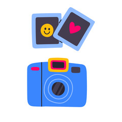 Classic 80s 90s photo camera in modern style flat, line style. Hand drawn vector. Fashion patch, badge, emblem.