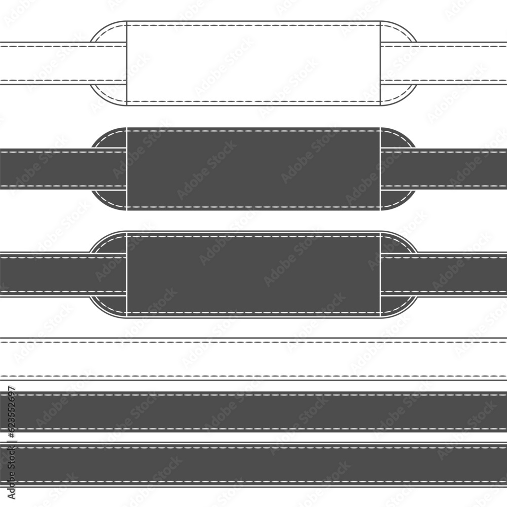 Poster set of black and white illustrations of belt with tag. isolated vector object on white background.