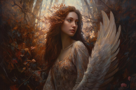 Abstract painting of an angel in woodland