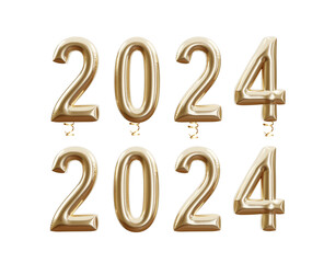 3d minimal 2024 font number gold balloon isolated object. happy new year decorative. 3d render illustration