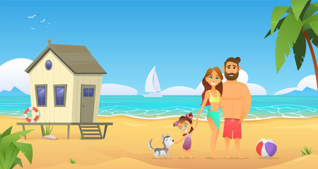 Fototapeta na wymiar Happy family standing in front of beautiful tropical paradise sea beach. Father, mother and little daughter with dog. Beach house behind. Summer vacation. Vector cartoon flat illustration