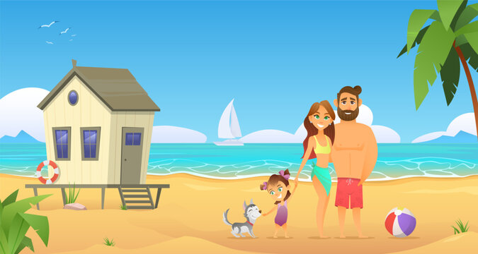 Happy family standing in front of beautiful tropical paradise sea beach. Father, mother and little daughter with dog. Beach house behind. Summer vacation. Vector cartoon flat illustration