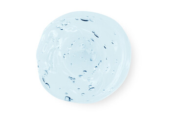 A large smear or drop of a clear blue gel, serum. On an empty transparent background.