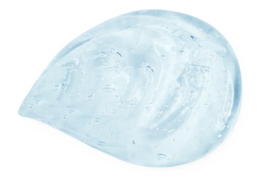 A large smear or drop of a clear blue gel, serum. On an empty transparent background.