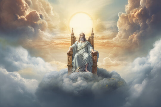 Jesus on a throne in heaven with bright light behind