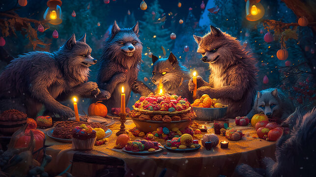 A whimsical and playful illustration of a pack of wolves having a feast.