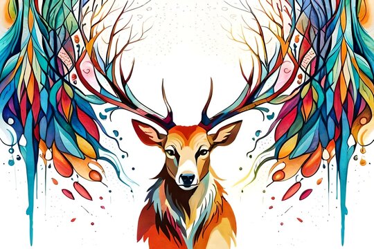 Deer head  water color art isolated on white background with splash colors