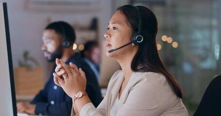 Help, talking and Asian woman with telemarketing, call center or advice for telecom sales, headphones or speaking. Female person, employee or consultant with headset, customer service or tech support - Powered by Adobe