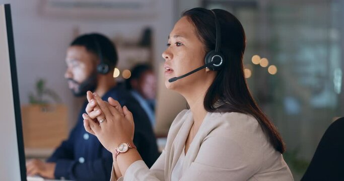 Help, talking and Asian woman with telemarketing, call center or advice for telecom sales, headphones or speaking. Female person, employee or consultant with headset, customer service or tech support - Powered by Adobe