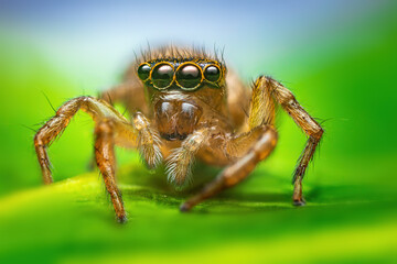 Macro close up of jumping spider on a green leaf