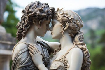 Profile shot of an ancient Gods marble statue with a loving kiss, ancient city crystal blue light background blurred, AI Generative