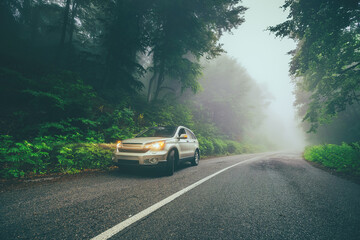 Car travel on the road in a forest in misty foggy morning in the mountain range