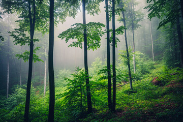 Fog in the misty green forest