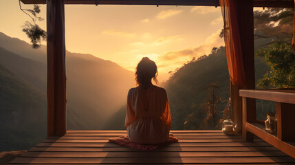 Picture from the back of a woman sitting on wooden porch extending into a high mountain cliff. The sun is setting on the mountain and there is a beautiful warm orange light. The traveling background.