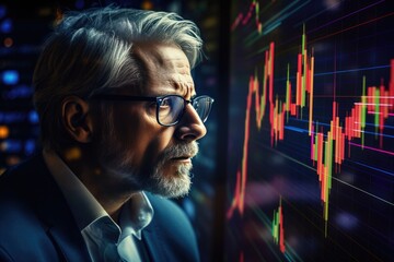 Stock market crash, man looks worried at financial graph charts, candlestick charts, double exposure, created with Generative AI