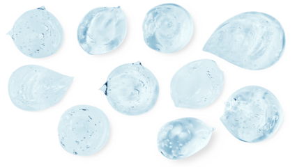 A set of smears and drops or drops of a transparent blue gel, serum. On an empty transparent background.
