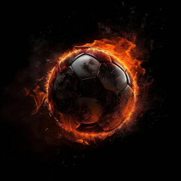 A flaming soccer ball symbolizes the passion and energy of the game, against a black background. AI generative.