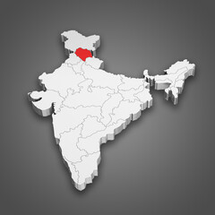 Himachal Pradesh state location within India map. 3D Illustration