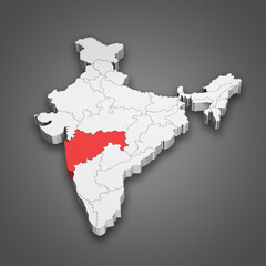Maharashtra state location within India map. 3D Illustration