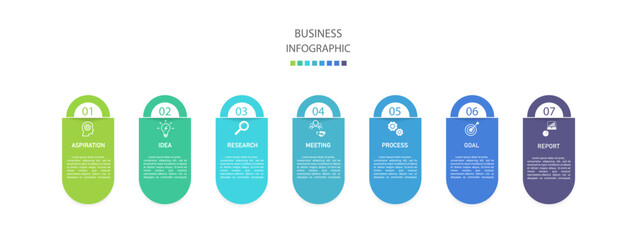 Business infographics line process with template with icons and 7 options or steps.infographics of business aspiration,idea,research,meeting,process,goal,report.for infographics design template
