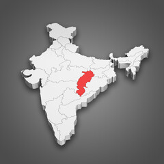 Chhattisgarh state location within India map. 3D Illustration