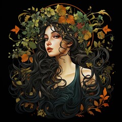 Beautiful portrait of fairy in art nouveau style with incredible long hair surrounded by colorful plants, flowers, and life. 