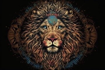 Art illustration - lion head in creative style. Mandala, ethnic design. Generative AI