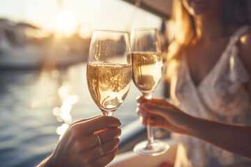 Friends clinking sparkling wine glasses at sunset on a yacht. Generative AI illustration