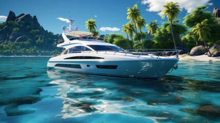 Fototapeta na wymiar luxury yacht in the sea. a luxurious yacht in blue water near a tropical island with a white sand beach and palm trees
