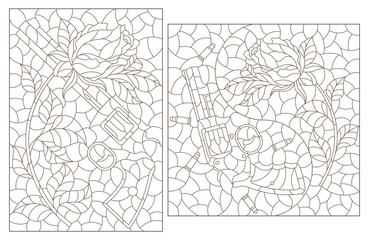 A set of contour illustrations in the style of stained glass with compositions of revolvers and roses, isolated on a white background