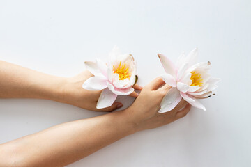 Woman's hands holding a lotus flower isolated on white background.
