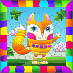An illustration in the style of a stained glass window with bright cartoon fox on a background of blue sky and leaves in a bright frame