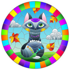 An illustration in the style of a stained glass window with bright cartoon fox on a background of blue sky and leaves in a bright frame, round image