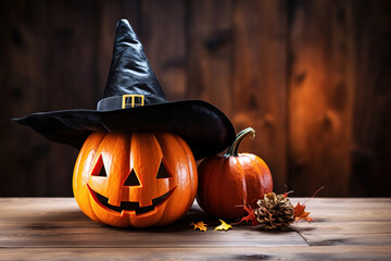 Jack-o-lantern pumpkin with witch hat on wooden table, generative ai 