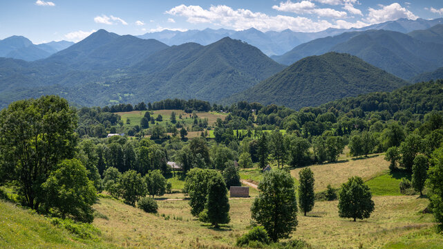 Les Pyrénées Ariégeoises avec prairies, forêts et montagnes en arrière-plan
