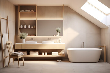 Naklejka na ściany i meble Modern bathroom interior in minimal scandinavian style , generative ai 