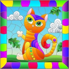 An illustration in the style of a stained glass window with bright cartoon cat on a background of blue sky and leaves in a bright frame
