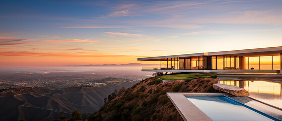 Illustration of a beautiful luxury mansion on the cliffs of Los Angeles. The architecture is modern and the house has a pool with scenic views of the mountains with a sunset.