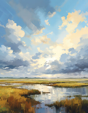 painting of a marsh with some clouds, coastal landscape, generative ai 