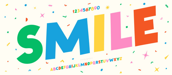 Vector font colorful style trendy typography for decoration, industrial, logo, poster, t shirt, book, card, sale banner, printing on fabric. Cool 3d typeface. Trendy alphabet. 10 eps