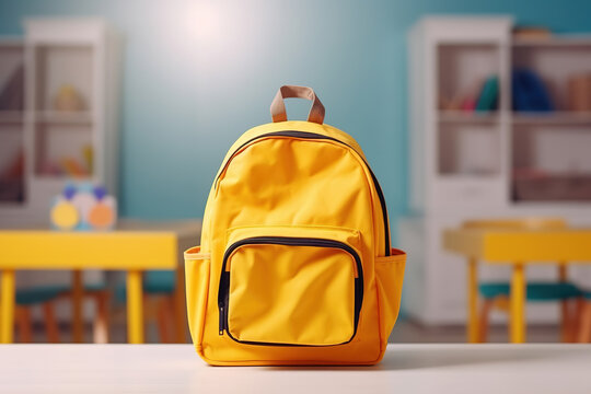 School classroom. New school bag on a student's desk in the classroom. Big yellow canvas backpack placed on the table in a large modern schoolroom with a chalkboard. Back to school concept, generative