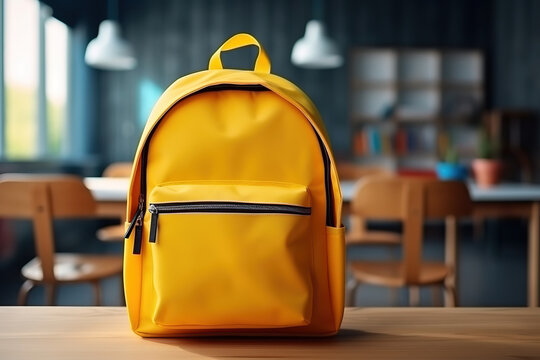 School classroom. New school bag on a student's desk in the classroom. Big yellow canvas backpack placed on the table in a large modern schoolroom with a chalkboard. Back to school concept, generative