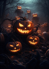 Terrifying Halloween scene with pumpkins, generative ai 