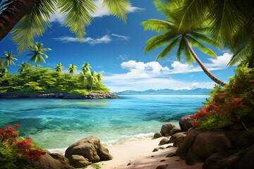Tropical beach with palm palms and views of Paradise Island, generative ai 