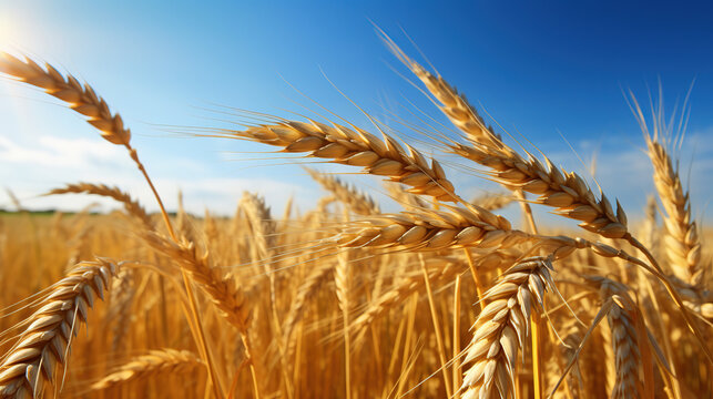 Spikes of ripe wheat on a farmers field, generative ai 