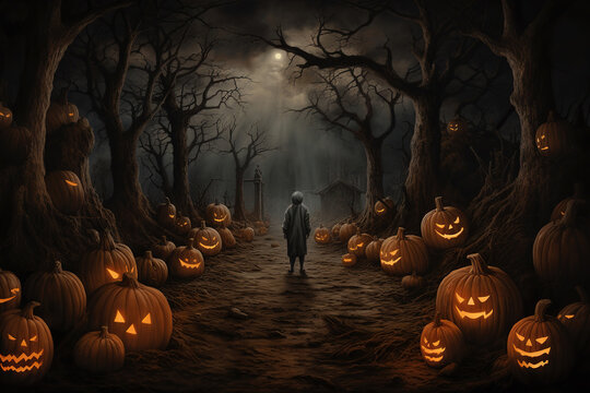 Terrifying Halloween scene with pumpkins, generative ai 