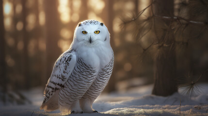 White polar owl with graymottled plumage sits on branch with snow. Glitter critter snow owl close up. Polar owl with variegated wings and round black eyes in snow. Generative AI